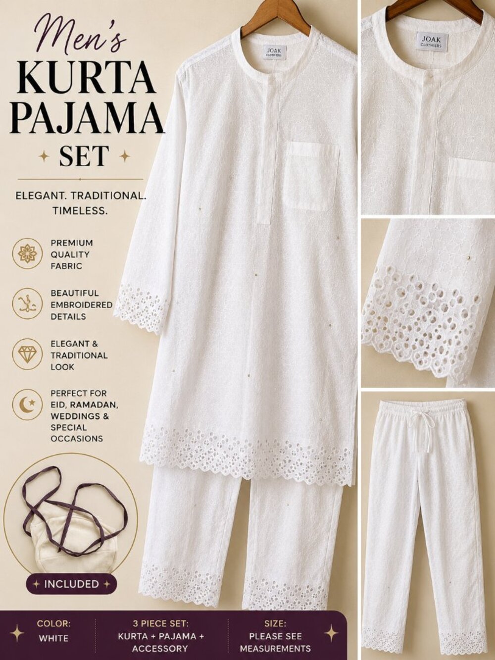 Joak Clothiers Men’s White Embroidered Kurta Pajama 3 Piece Pakistani Set NEW